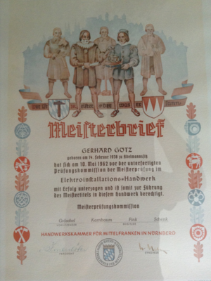 Meisterbrief Gerhard Götz bei Elektro Götz in Weihenzell Ansbach
