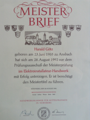 Meisterbrief Harald Götz bei Elektro Götz in Weihenzell Ansbach